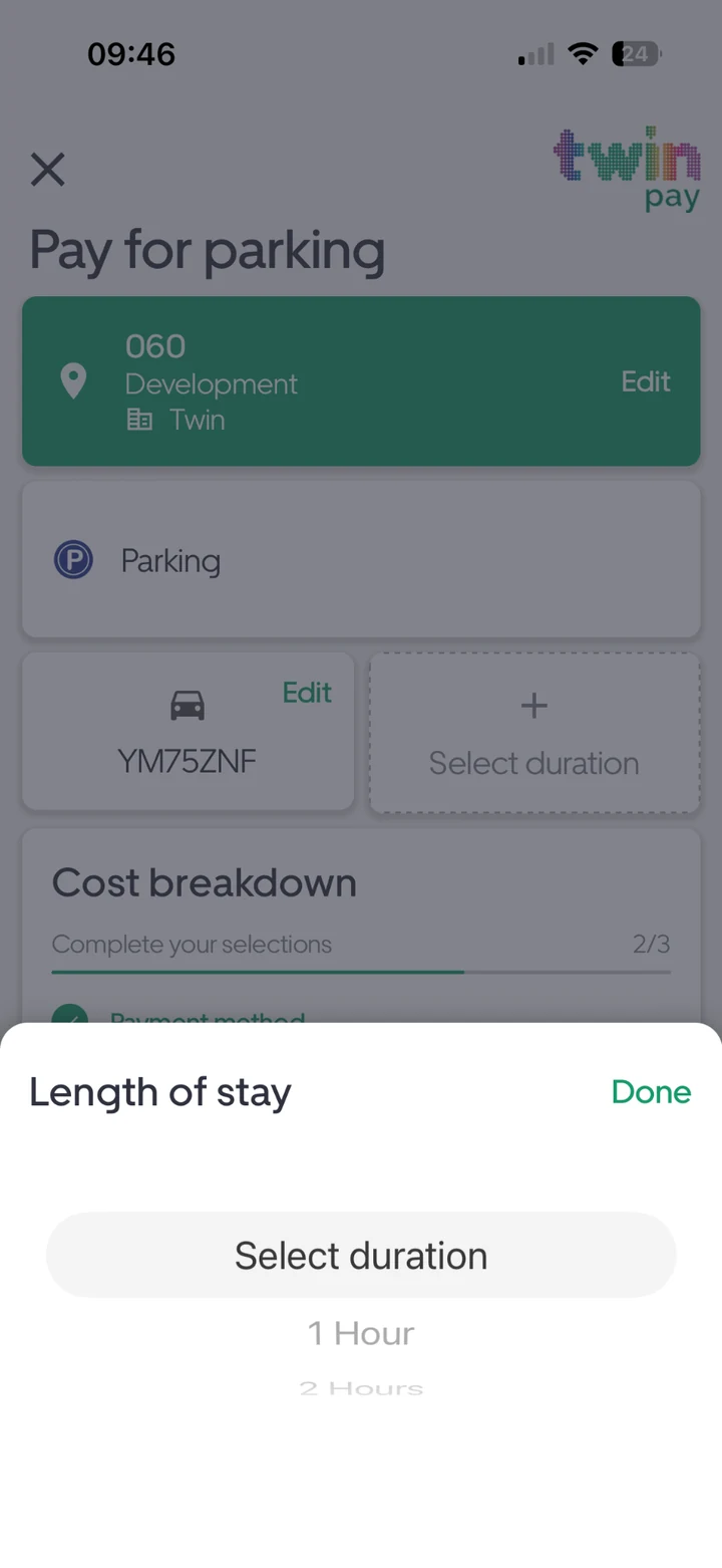 Select a parking duration in the Twin Pay app