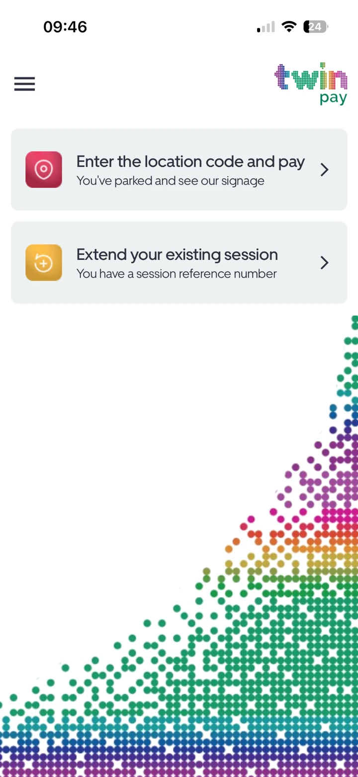 Twin Pay app home showing pay for parking and extend session options