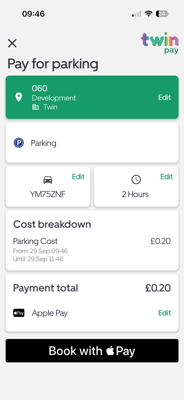 Example pay on exit screen showing session and Apple Pay checkout